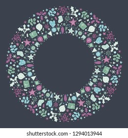 Round holiday Christmas colorful hand drawn frame in Scandinavian style. New Year ornaments and typographic design. Use for banner, greeting and Christmas card, postcard. Vector illustration.