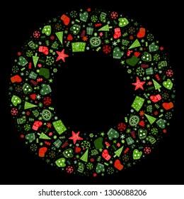 Round holiday Christmas colorful hand drawn frame in Scandinavian style. New Year ornaments and typographic design. Use for banner, greeting and Christmas card, postcard. Vector illustration.