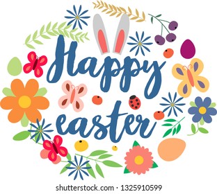 Round holiday composition with Happy Easter lettering handwritten with calligraphic script, blooming flowers and butterflies. Flat cartoon vector illustration for festive greeting card, postcard.