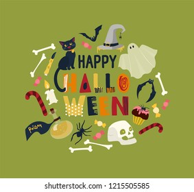 Round holiday composition with Happy Halloween wish surrounded by magic items and spooky characters - black cat, skull, bones, ghost, witch hat. Festive vector illustration in flat cartoon style.