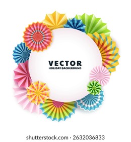 Round holiday frame with colorful realistic 3d paper stars. Banner, poster, greeting card, invitation design element. Vector abstract holiday background with multicolored craft flowers and empty space