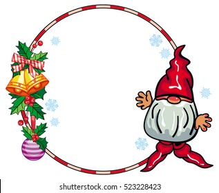 Round holiday frame with little gnome and Christmas ornament. Copy space. Vector clip art.