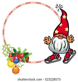 Round holiday frame with little gnome and Christmas ornament. Ice skating. Copy space. Vector clip art.