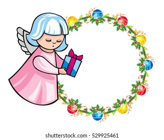 Round holiday garland with ornaments and angels bring presents. Christmas frame with free space for text, photo or picture. Design element for New Year decorations. Vector clip art.