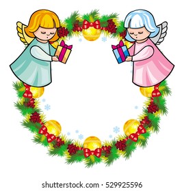 Round holiday garland with ornaments and angels bring presents. Christmas frame with free space for text, photo or picture. Design element for New Year decorations. Vector clip art.