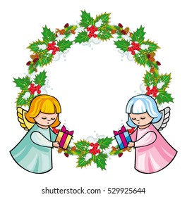 Round holiday garland with ornaments and angels bring presents. Christmas frame with free space for text, photo or picture. Design element for New Year decorations. Vector clip art.