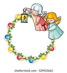 Round holiday garland with ornaments and angels bring presents. Christmas frame with free space for text, photo or picture. Design element for New Year decorations. Vector clip art.