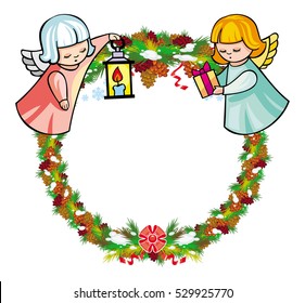 Round holiday garland with ornaments and angels bring presents. Christmas frame with free space for text, photo or picture. Design element for New Year decorations. Vector clip art.