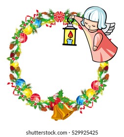 Round holiday garland with ornaments and little flying angel. Christmas frame with free space for text, photo or picture. Design element for New Year decorations. Vector clip art.