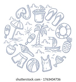 Round of Holiday and vacation doodle icons. Summer tourism vector illustration.