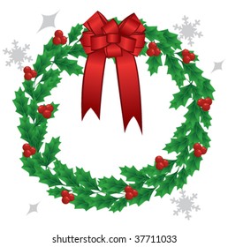 A round holly Christmas wreath with berries and a red bow.