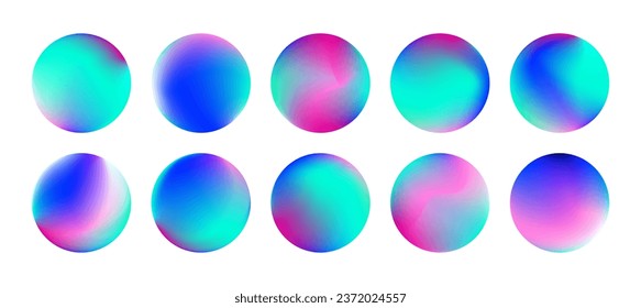 Round holographic gradient set. Vivid neon circles, buttons, spheres. Trendy fluid blurred icons or labels for mobile app, screen or print. Colorful circle mesh gradient UX elements pack