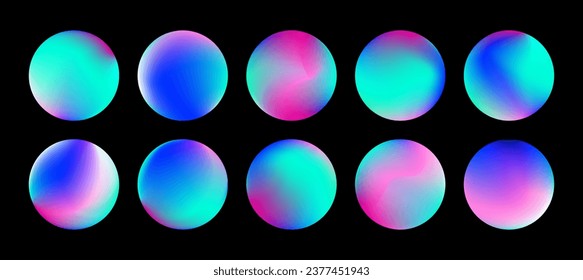 Round holographic gradient set. Vivid neon circles, buttons, spheres. Trendy fluid blurred icons or labels for mobile app, screen or print. Colorful circle mesh gradient UX elements pack