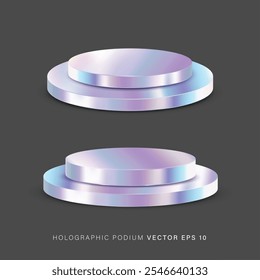 Round holographic podium for promo and presentation. vector illustration set of metal display platform with holographic effect.