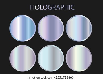 Holográfico redondo, gráfico vetorial iridescente neon padrões. Coleção de gradientes metálicos do holograma dourado