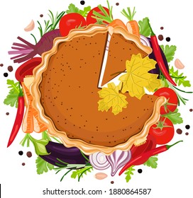 Round homemade cake on the background of a wreath of vegetables: carrots, eggplant, tomatoes, onions and herbs, peppers and beets. Home cooking, healthy eating.