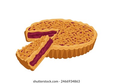 Round homemade pie and slice with cherry jam traditional fresh confectionery vector illustration