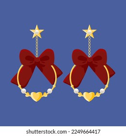 Round hoop dangle gold earrings with pearl, heart, diamond and red bow isolated on blue background. Woman Expensive luxury accessories. Flat vector illustration