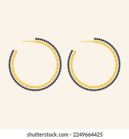 Round hoop golden earrings with black pearl and diamond isolated on beige background. Woman Expensive luxury accessories. Flat vector illustration