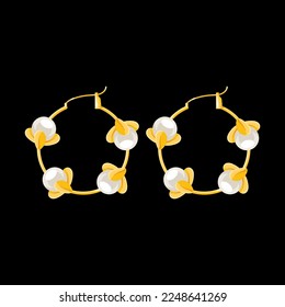 Round hoop golden earrings with pearl isolated on black background. Woman Expensive luxury accessories. Flat vector illustration