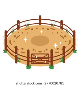 Round horse training arena corral with wooden fence and sand for ranch farming. Hand drawn.	