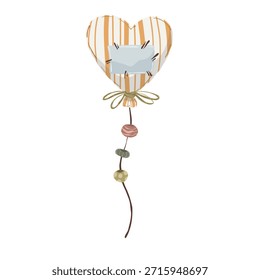 Round hot air balloon with patch and beads, hand drawn vector illustration. Cute nursery sky element in boho scandinavian style isolated on white