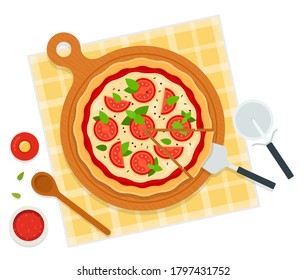 Round hot delicious pizza margherita. Vector illustration in flat style isolated on white background.