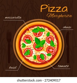 Round hot delicious tasty Margherita pizza in flat style. Vector illustration of pizza with mozzarella, basil, tomato, cheese. 
