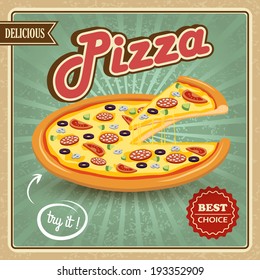 Round hot delicious tasty meat cheese olive tomato mushroom pizza retro poster vector illustration