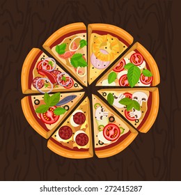 Round hot delicious tasty pizza in flat style. Vector illustration of pizza Margherita, Pepperoni, Capricciosa, Marinara, Seafood, Hawaiian, Mexican, Mushroom.