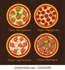 Round hot delicious tasty pizza in flat style. Vector illustration of pizza Margherita, Pepperoni, Capricciosa, Marinara.