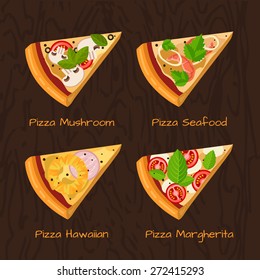 Round hot delicious tasty pizza in flat style. Vector illustration of pizza Margherita, Hawaiian, Seafood, Mushroom.