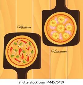 Round hot delicious tasty pizza in flat style. Vector illustration of  Mexican, Hawaiian