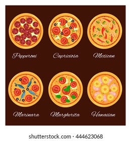 Round hot delicious tasty pizza in flat style. Vector illustration of Marinara, Capricciosa, Margarita, Pepperoni, Hawaiian, Mexican