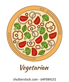 Round hot delicious tasty pizza. Vector illustration 