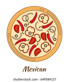 Round hot delicious tasty pizza. Vector illustration 