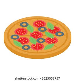 Round hot pizza lying on wooden board decorated with tomatoes, basil leaves and olives