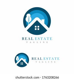 Rundhausblau mit Vorlage für das Immobilienlogo für Bäume
