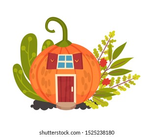 Round house made of pumpkins. Halloween object. Vector illustration.