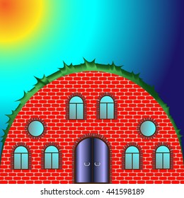 Round house with windows. Brick house with grass on the roof