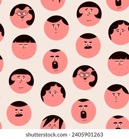 Round human portraits. Various faces, hairstyle, emotions. Cute funny characters. Cartoon, minimal, abstract contemporary style. Hand drawn Vector illustration. Square seamless Pattern