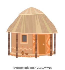 round hut with thatched roof, clay walls, wooden door and cute decor