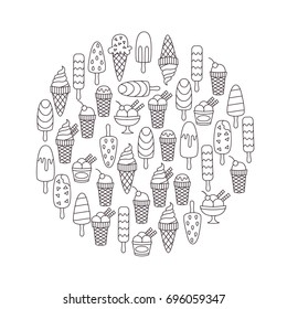 Round ice cream black and white tasty different desserts vector set
