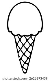 Round ice cream scoop on crispy waffle cone. Sketch. Ice cream black and white illustration. Vector illustration. Outline on isolated white background. Doodle style. Sweet refreshing dessert. 