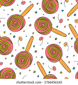 Round ice cream vector seamless pattern. Popsicle cherry seamless texture. Hand drawn. Textiles, packaging, wrapping paper, wallpaper design. Isolated objects. Delicious summer dessert.