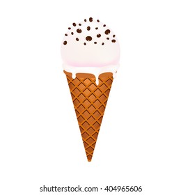 Round ice-cream in the waffle cone isolated on white background