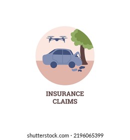 Round icon about insurance claims flat style, vector illustration isolated on white background. Car crashed into tree, drone filming the incident, modern technologies