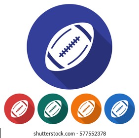 Round icon of  american football. Flat style illustration with long shadow in five variants background color       