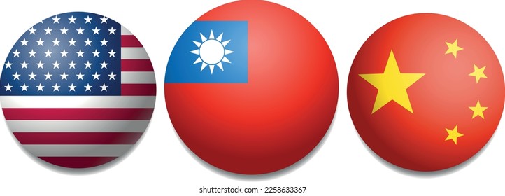 round icon american USA flag, chinese China flag and Taiwan the Republic of China flag vector