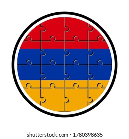 round icon with armenia flag made with jigsaw puzzle pieces, isolated on white background 